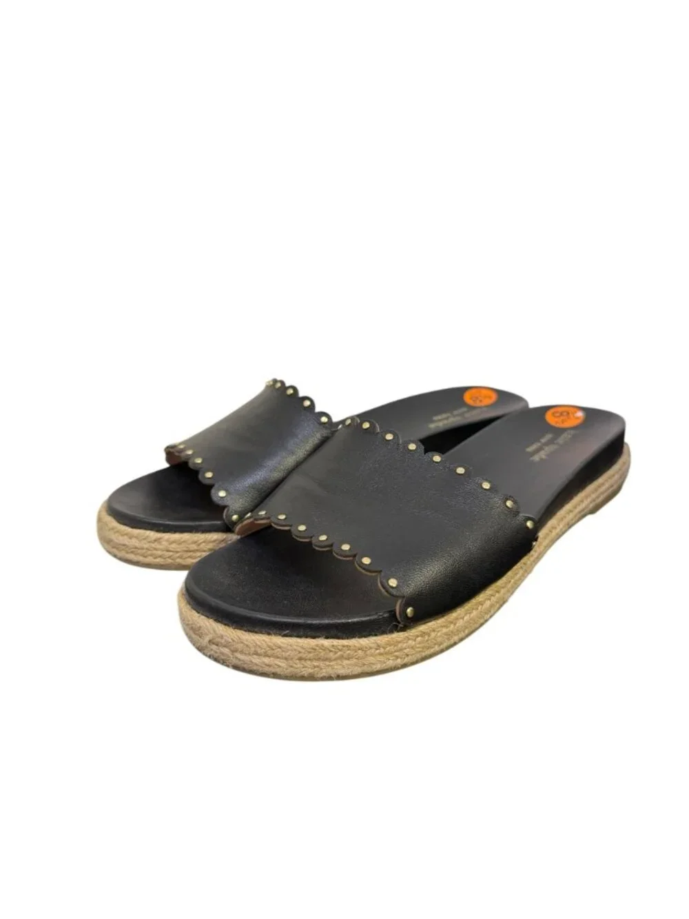Kate Spade Black Leather Scalloped Espadrille Slide Sandals Size 8.5